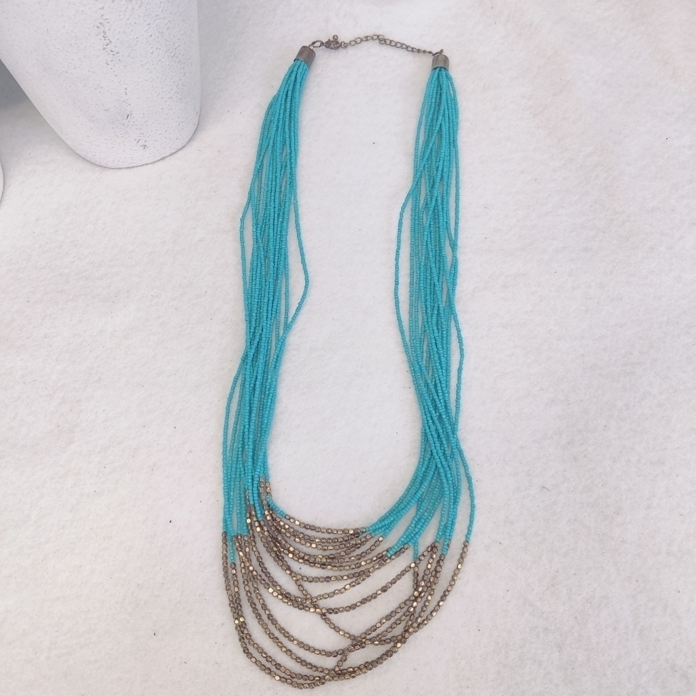 Long Multi Strand Turquoise Blue Glass Bead Necklace w/ Metallic Accents - Picture 4 of 9